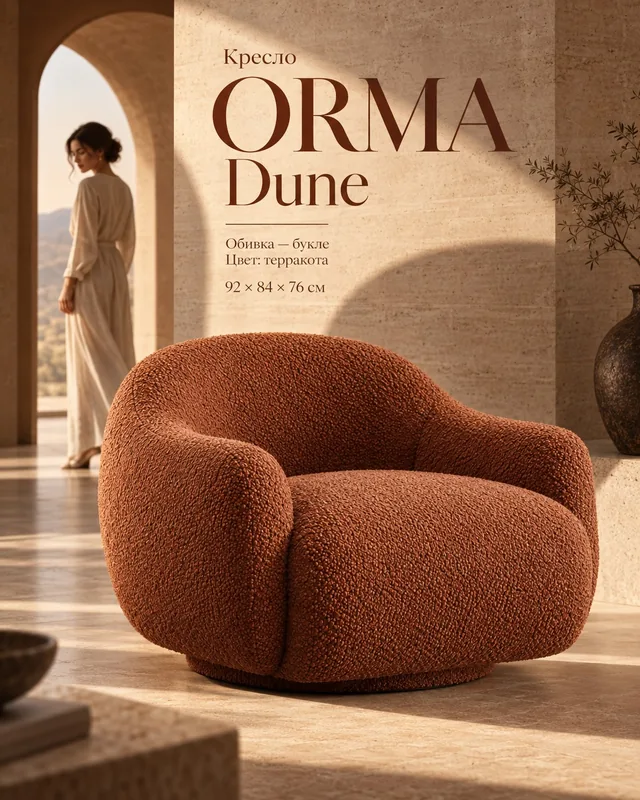 Рекламный креатив 4:5 кресла ORMA Dune в терракотовом букле в зале из травертина