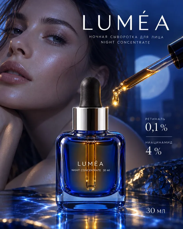 Рекламный креатив 4:5 ночной сыворотки LUMÉA: флакон из кобальтового стекла, янтарная капля, портрет модели в синем свете